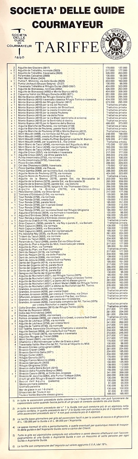 Società delle guide Courmayeur - TARIFFE