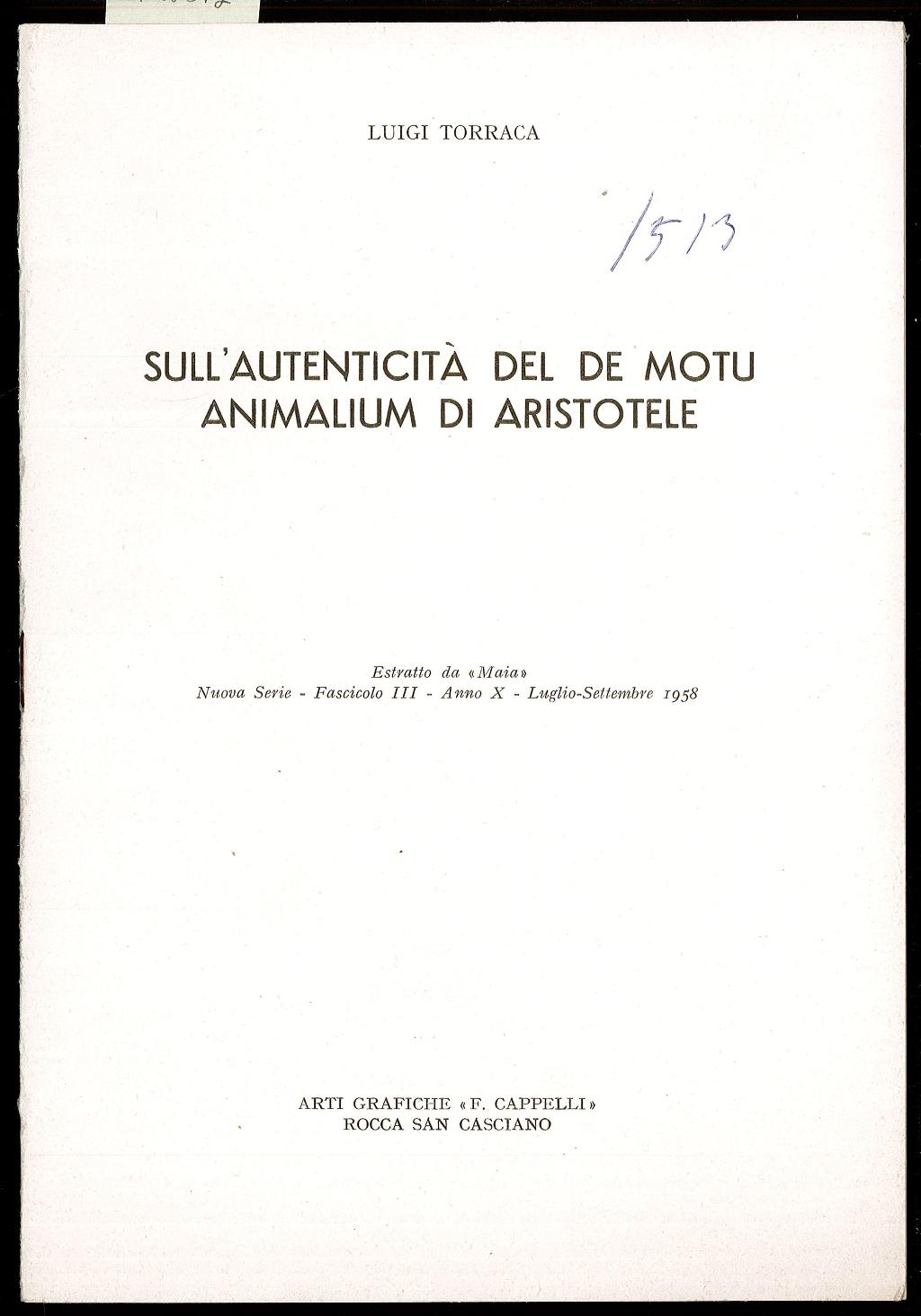 Sull’autenticità del de motu animalium di Aristotele