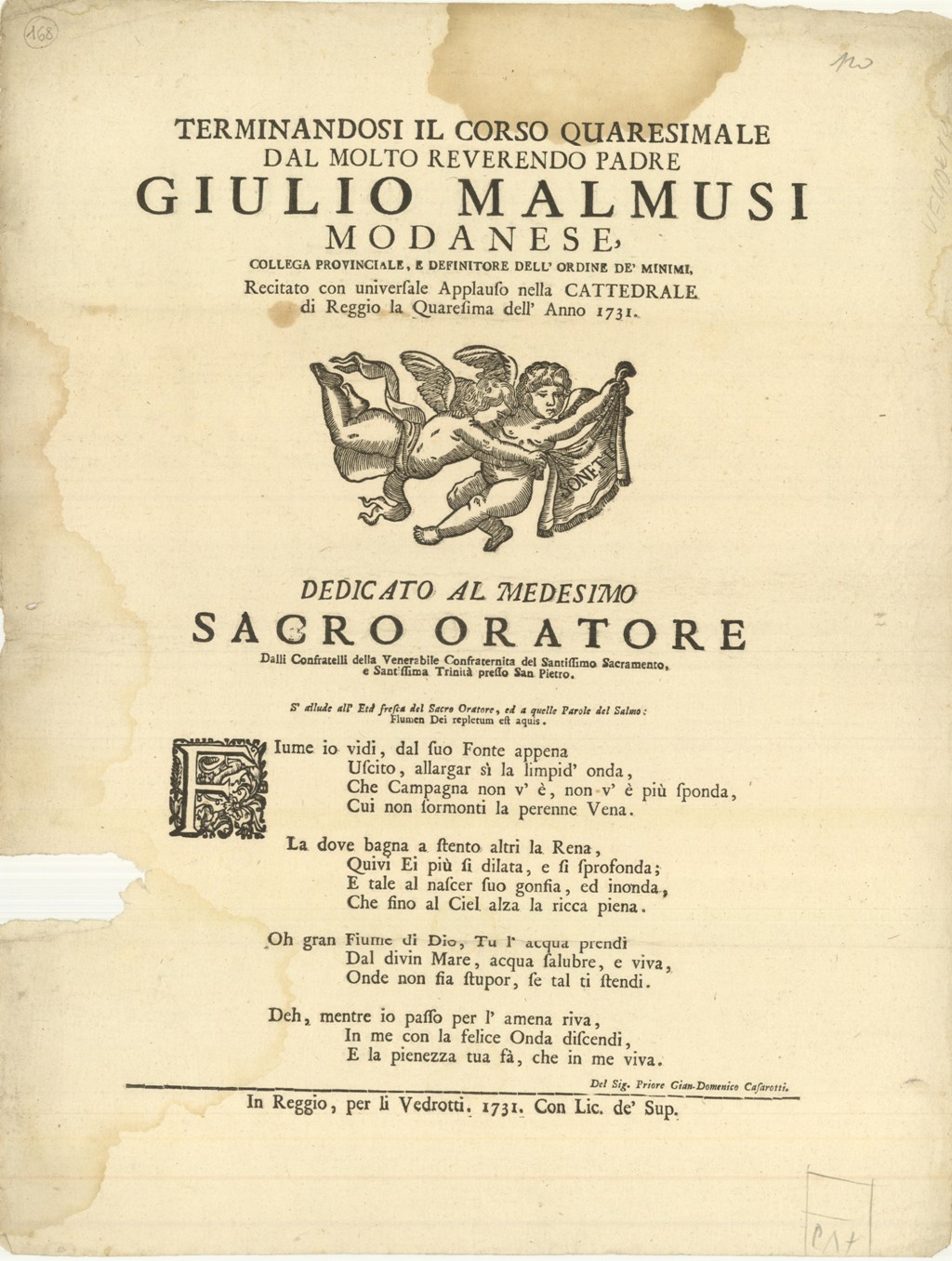 Terminandosi il corso quaresimale dal molto reverendo padre Giulio Malmusi …