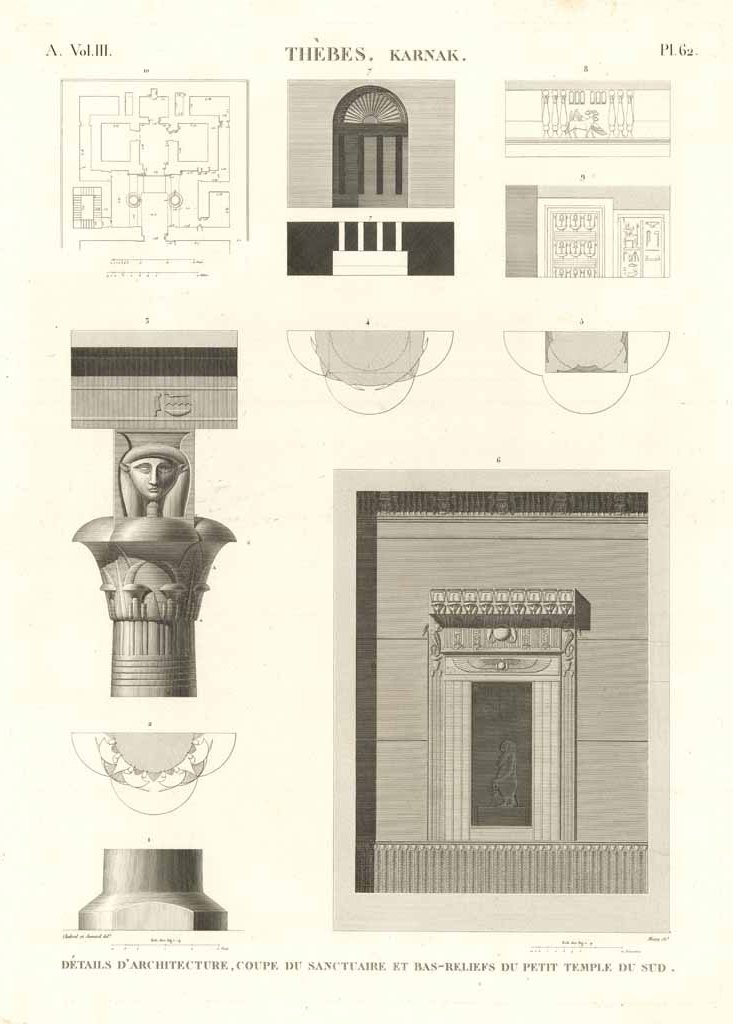 Thèbes. Karnak - Dètails d'archetecture, coupe du sanctuaire et bas.reliefs …