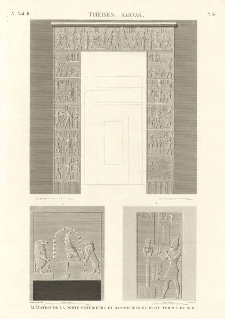 Thèbes. Karnak - Elévation de la porte extérieure et bas.rliefs …