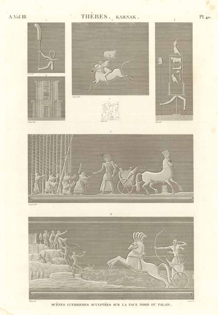 Thèbes. Karnak - Scènes guerrieres sculptées sur la face nord …