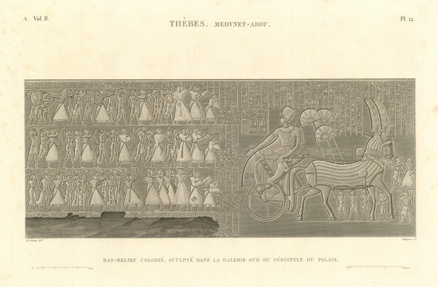 Thèbes. Medynet-Abou - Bas.relief colorié sculpté dans la galerie sud …