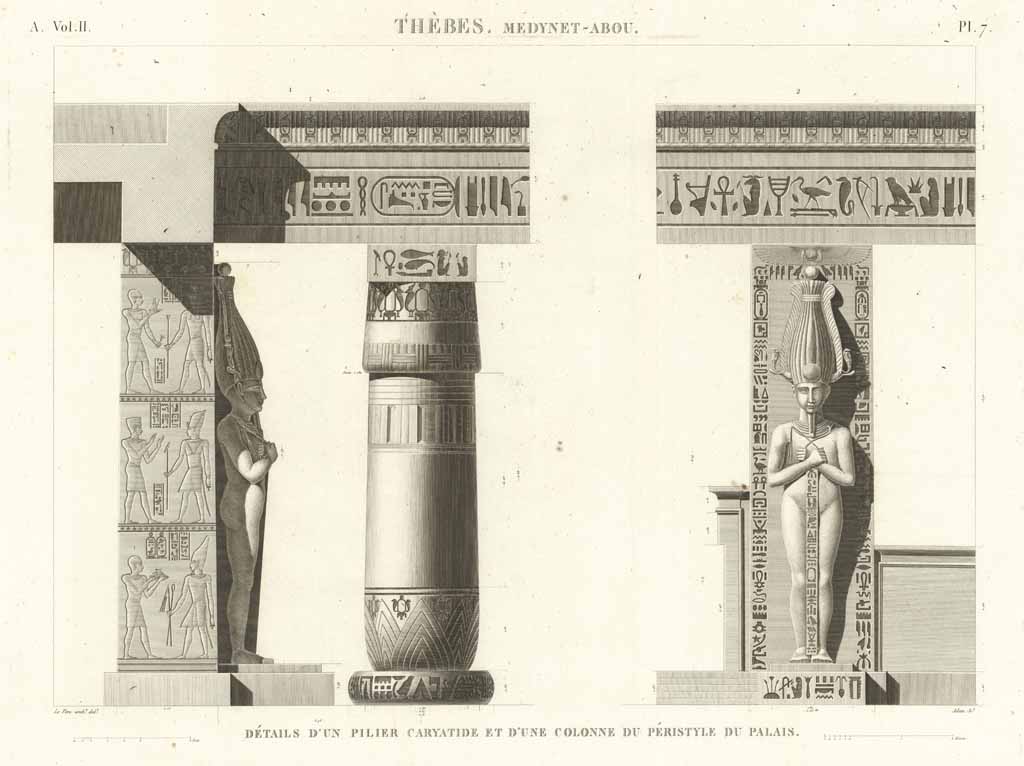 Thèbes. Medynet-Abou - Détails d'un pilier caryatide et d'une colonne …