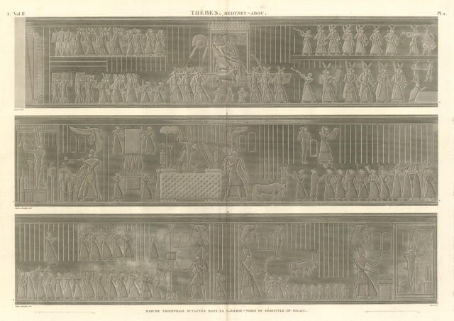 Thèbes. Medynet-Abou - Marche triomphale sculptée dans la galerie nord …