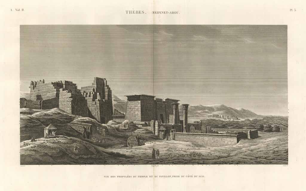 Thèbes. Medynet-Abou - Vue des propylées du temple et du …