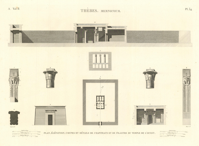 Thèbes. Memnonium - Plan, élévation, coupes et détails de chatipeaux …