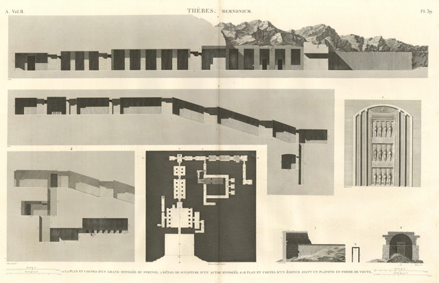Thèbes. Memnonium - Plan et coupes df'un grand hipogée ou …