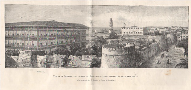 Veduta di Zanzibar, col palazzo del Sultano che venne bombardato …