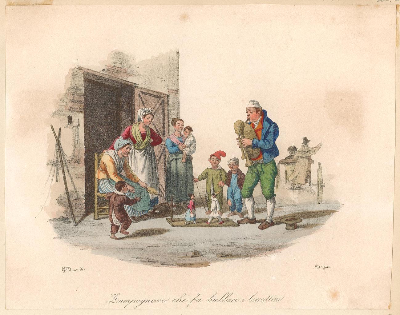 Zampognaro che fa ballare i burattini