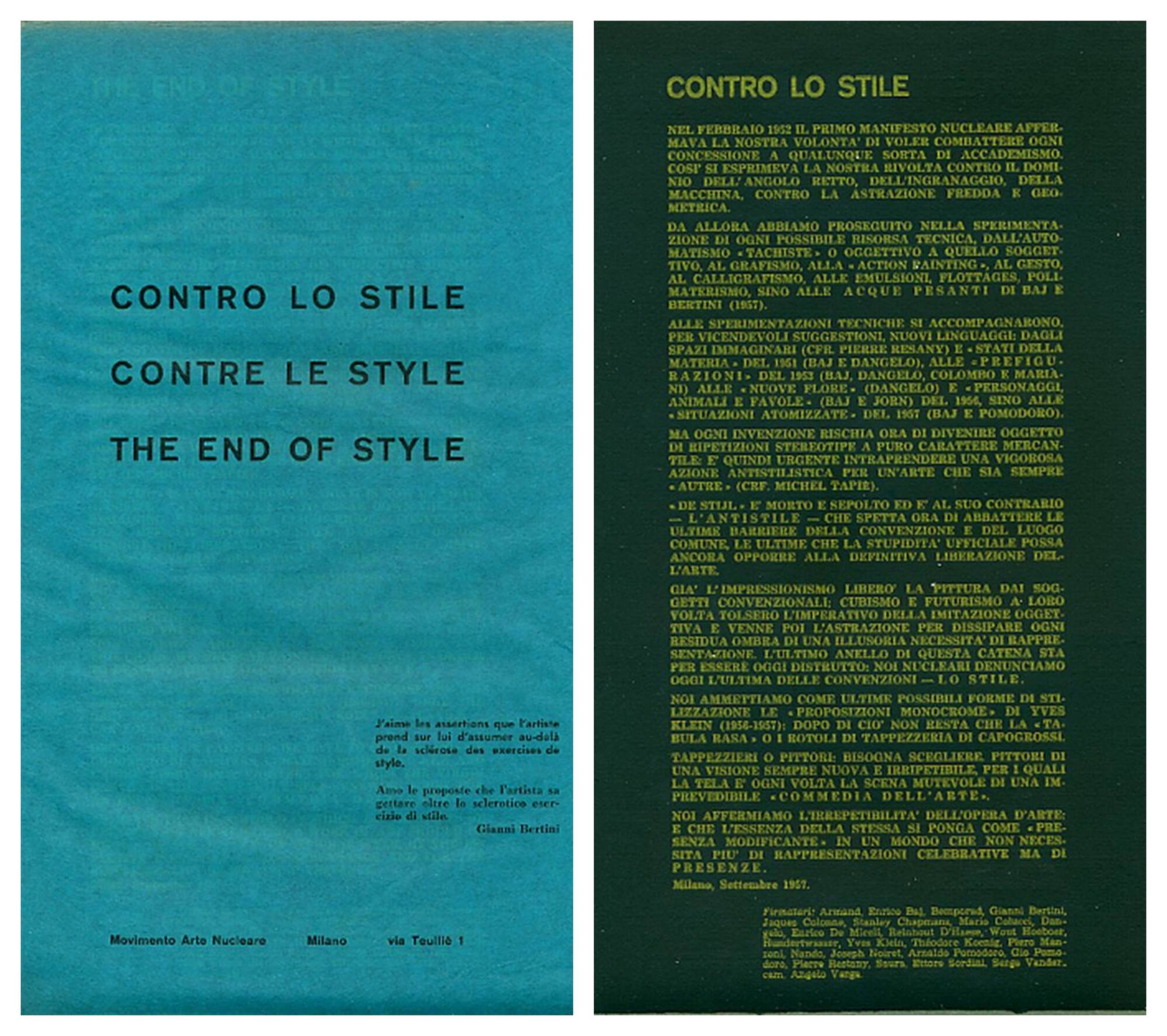 Contro lo stile. Contre le style. The end of style