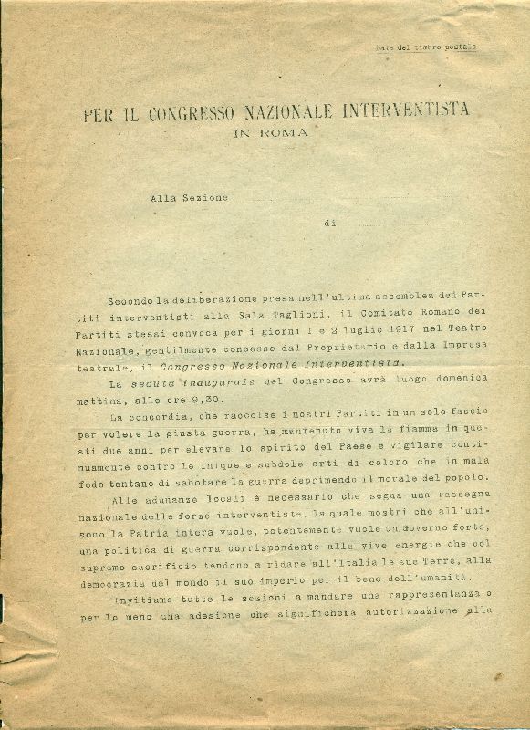 Convocazione per il Congresso, luglio 1917