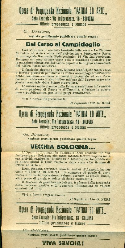 Dal Carso al Campidoglio. Vecchia Bologna. Viva Savoia!