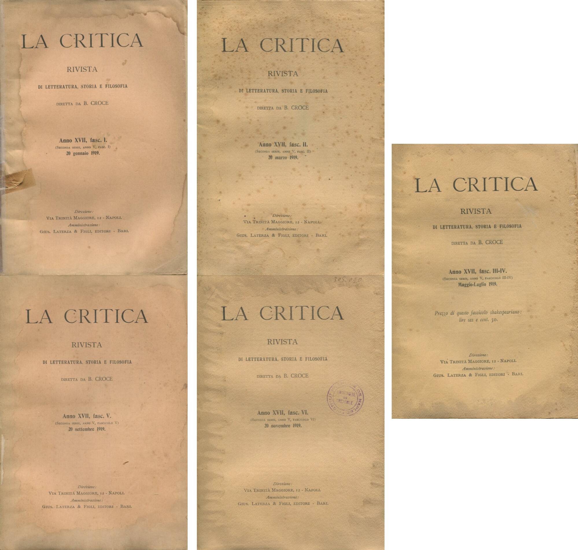 La Critica. Anno XVII, fascicoli I-II-III/IV-V-VI, 1919. Annata completa