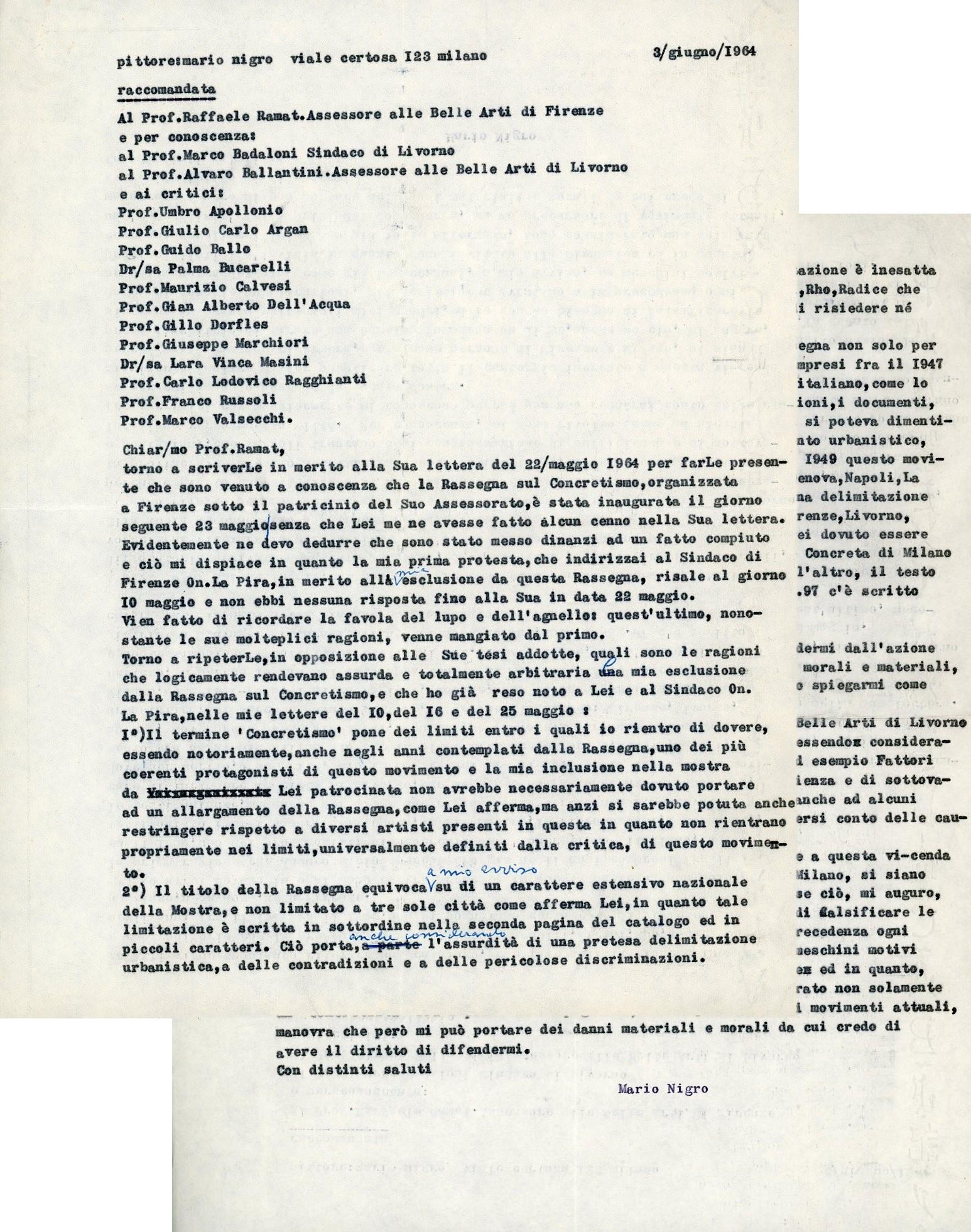 Lettera dattiloscritta con correzioni autografe a penna