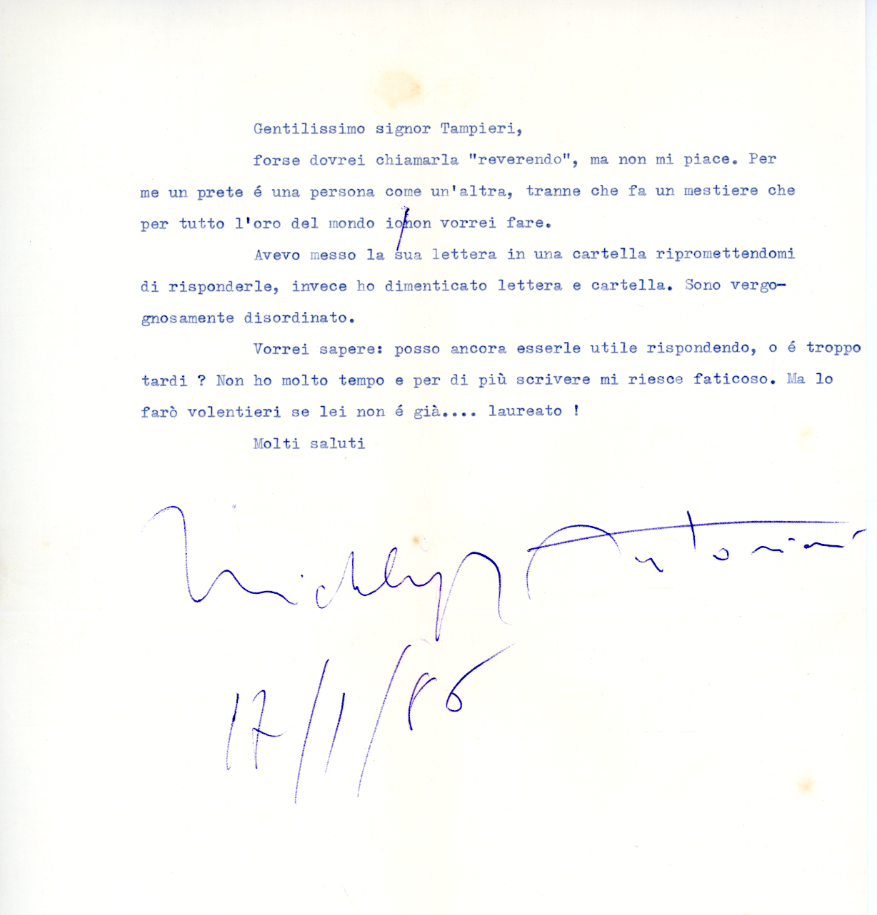 Lettera dattiloscritta con firma e data autografe