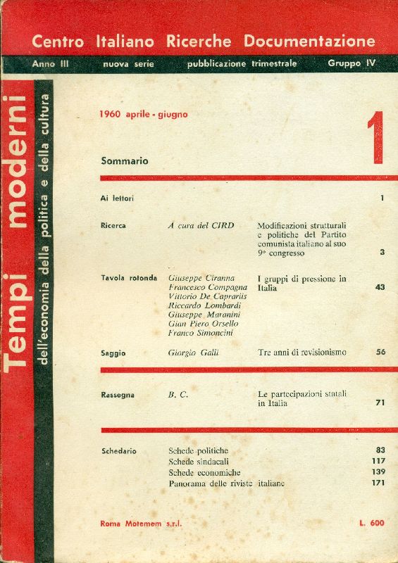 Tempi moderni. Aprile/Giugno 1960 - N.1