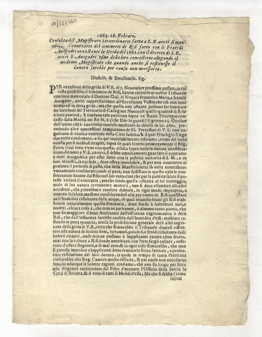 1663. 26 Febraro. Consulta del Magistrato Straordinario fatta a S.E. …