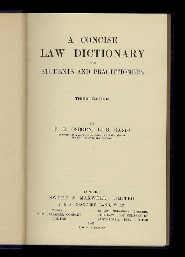 A concise Law Dictionary for students and practitioners. Third edition.