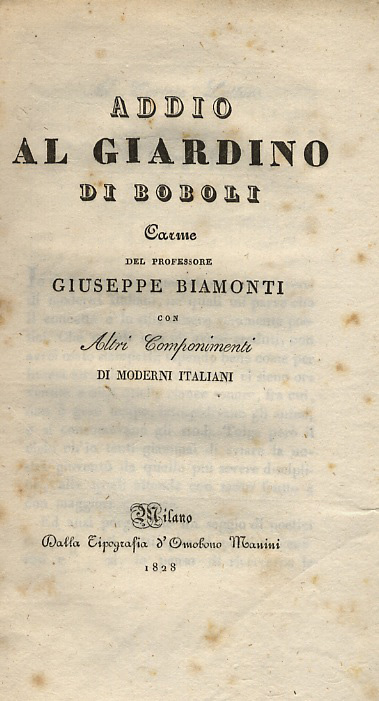 Addio al giardino di Boboli. Carme del professore Giuseppe Biamonti. …