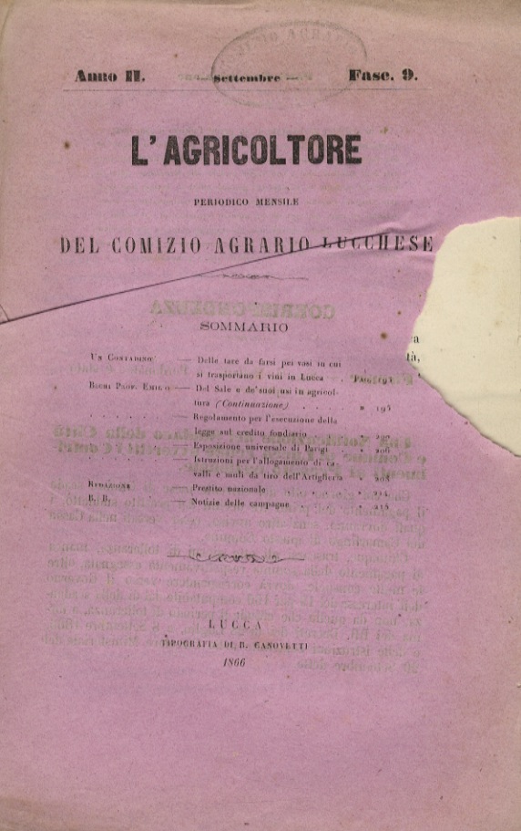AGRICOLTURA (L'). Periodico mensile del Comizio Agrario Lucchese. Anno II. …