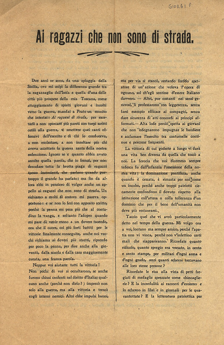 Ai ragazzi che non sono di strada.