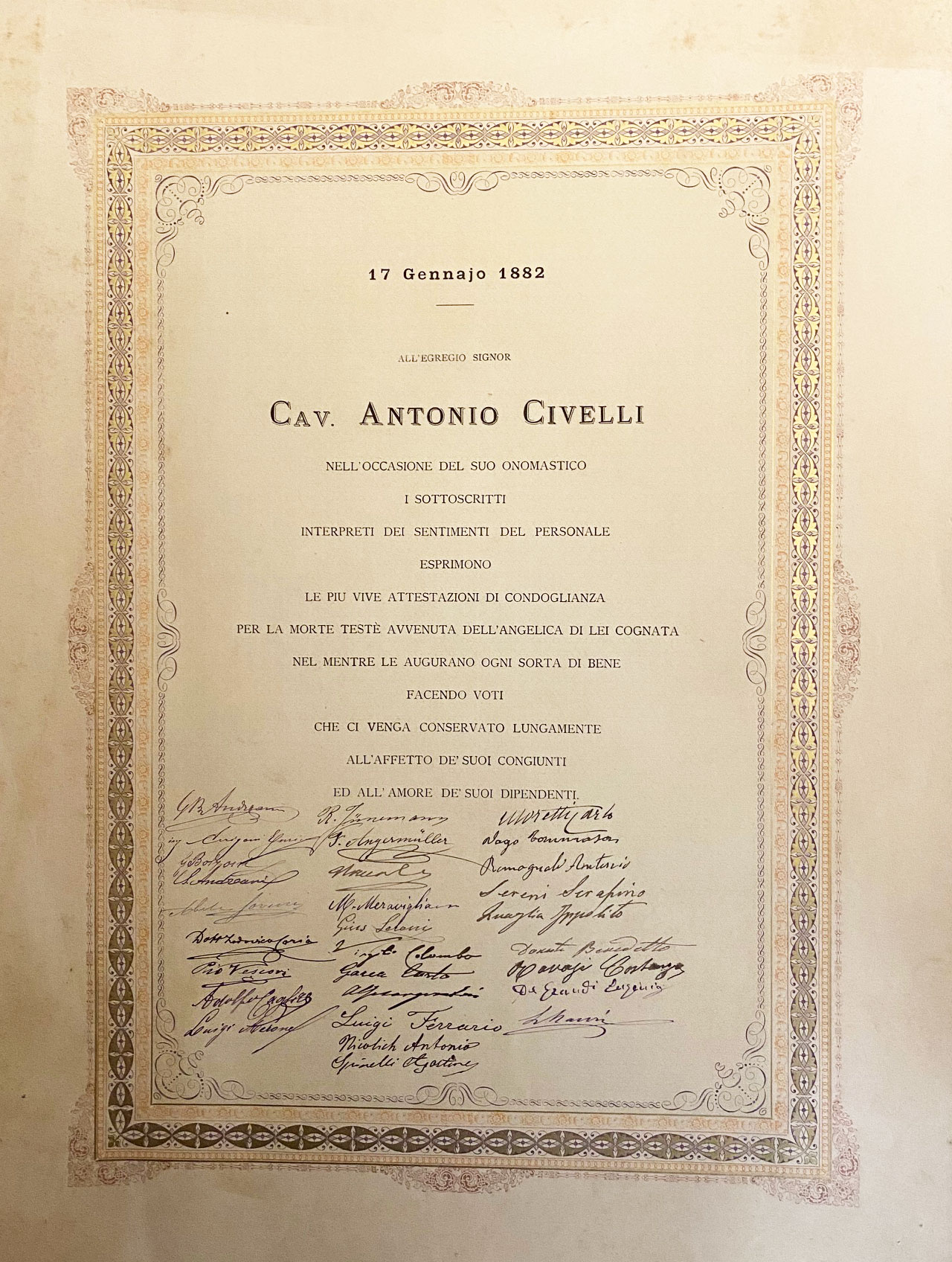 All'Egregio Signor Cav. Antonio Civelli nell'occasione del suo onomastico i …