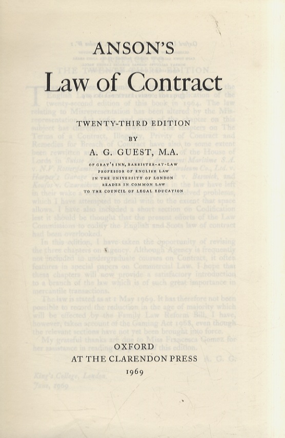 Anson's Law of Contract. Twenty-third Edition.