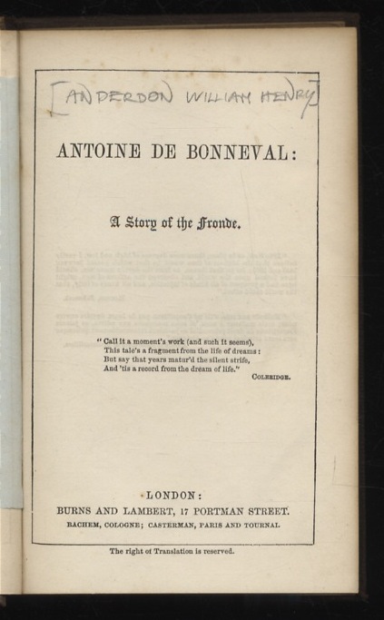 Antoine de Bonneval: A Story of the Fronde.