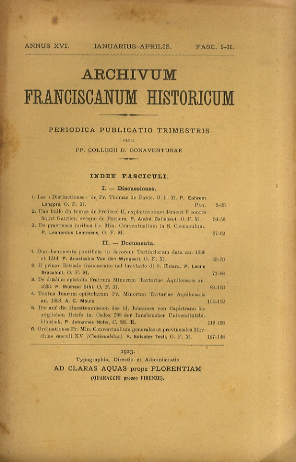 ARCHIVUM franciscanum historicum. Periodica publicatio trimestris cura pp. Collegii D. …