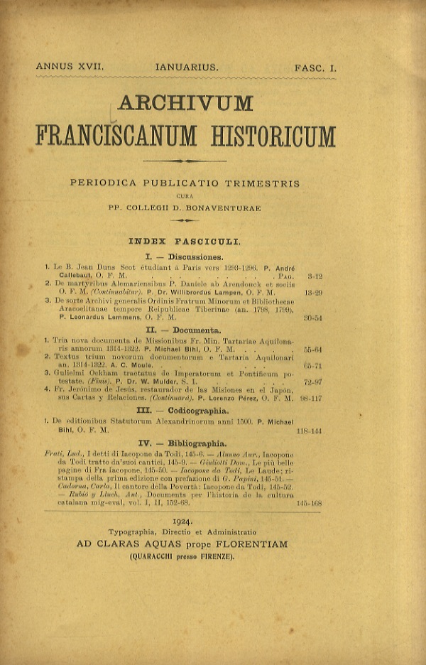 ARCHIVUM franciscanum historicum. Periodica publicatio trimestris cura pp. Collegii D. …