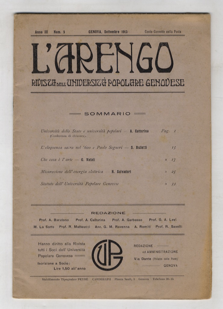 ARENGO (L'). Rivista mensile dell'Università Popolare Genovese. Anno III, num. …