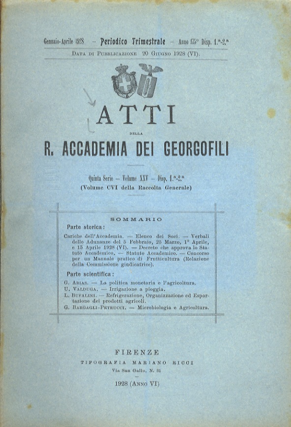 ATTI della R. Accademia dei Georgofili. Quinta serie. Volume XXV. …