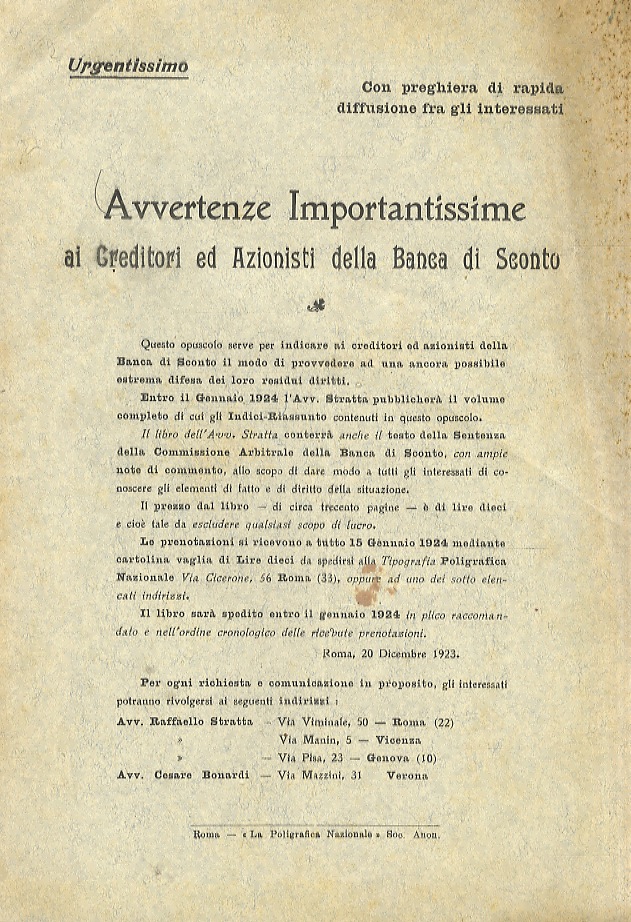 AVVERTENZE IMPORTANTISSIME ai Creditori ed Azionisti della Banca di Sconto.