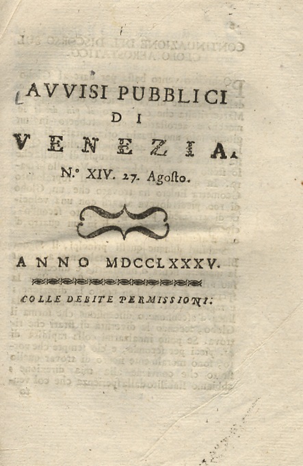 AVVISI pubblici di Venezia. N. XIV. 27 agosto. Anno MDCCLXXXV.