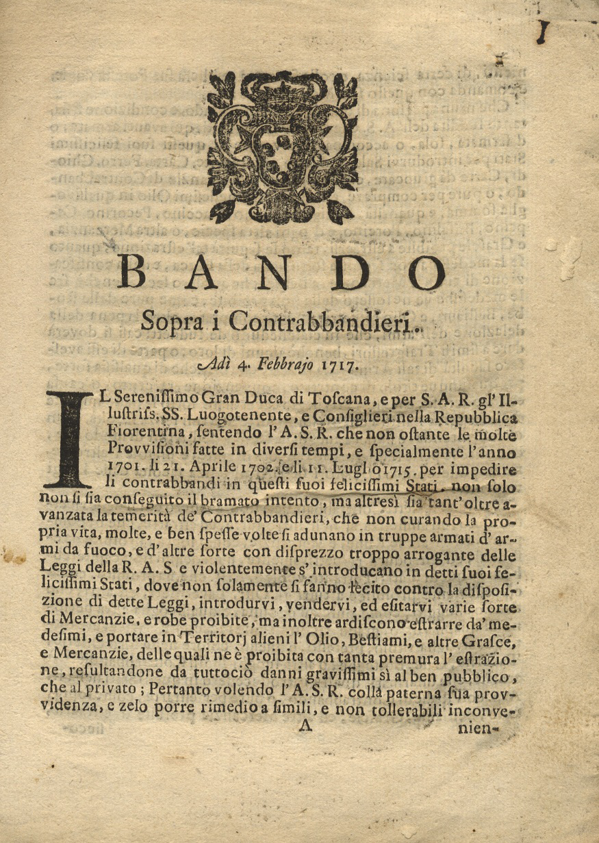 BANDO sopra i contrabbandieri. A dì 4 febbrajo 1717.