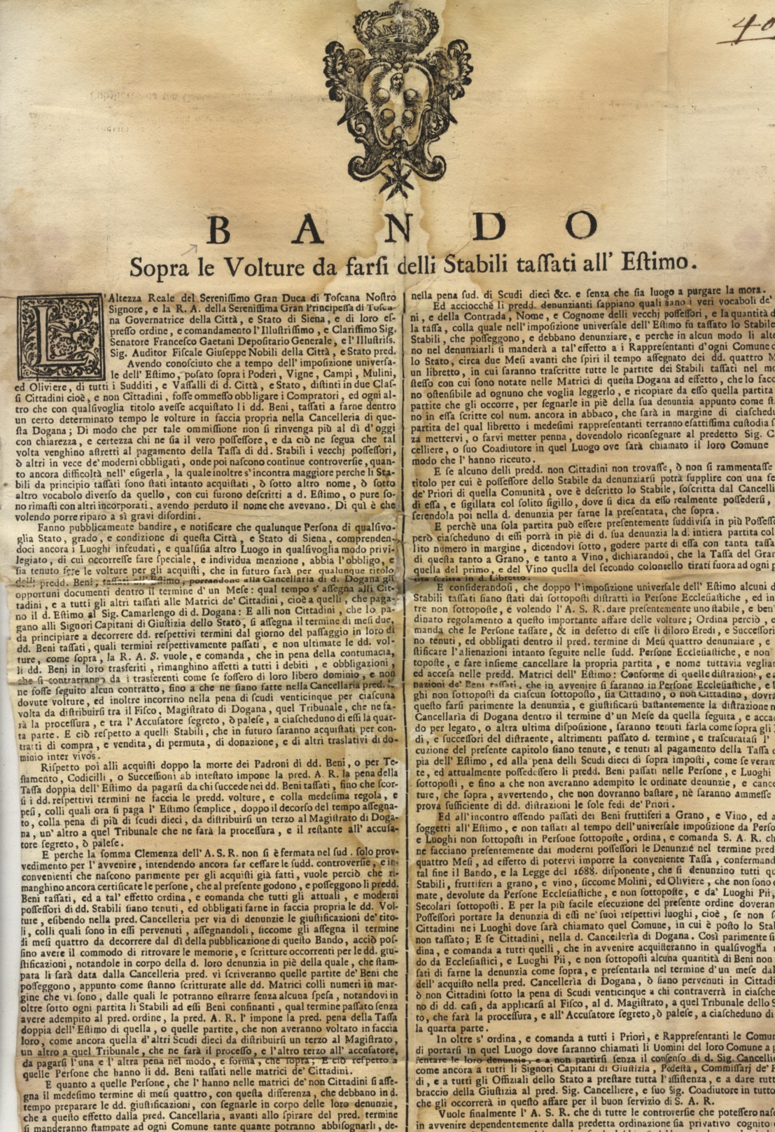 Bando sopra le volture da farsi delli stabili tassati all'Estimo. …