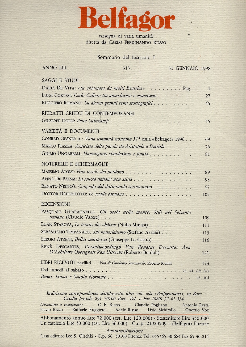 Belfagor. Rassegna di varia umanità, fondata da Luigi Russo. Anno …