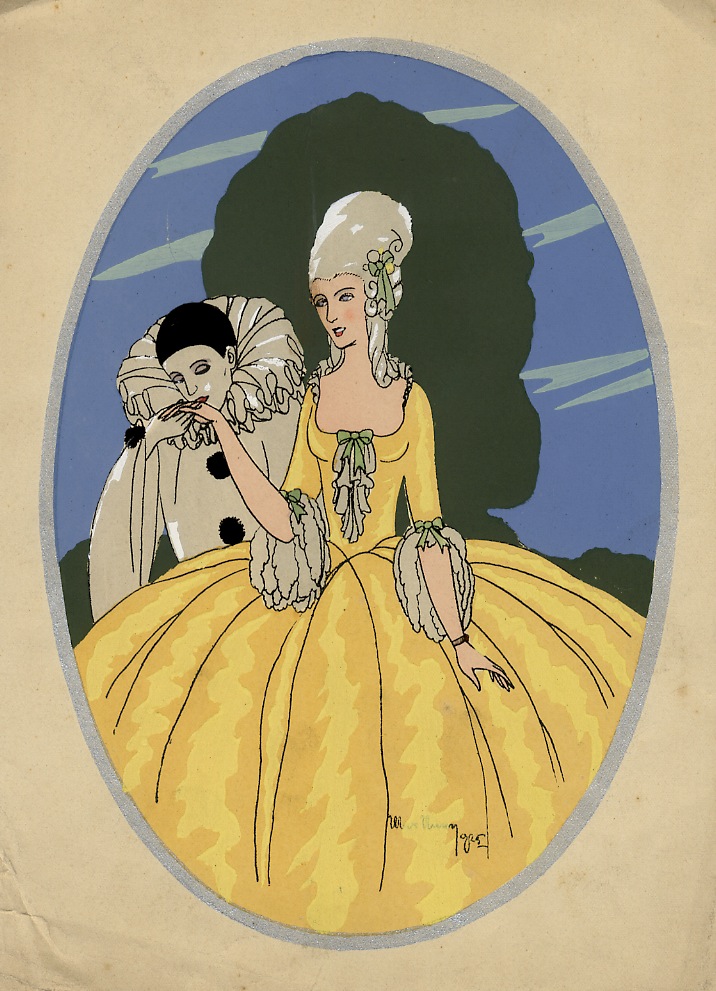 Bella illustrazione in ovale, colorata a pochoir, raffigurante una dama …