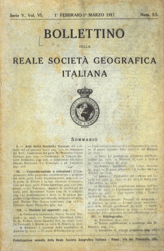 BOLLETTINO della Reale Società Geografica Italiana. Serie V. Vol. VI. …