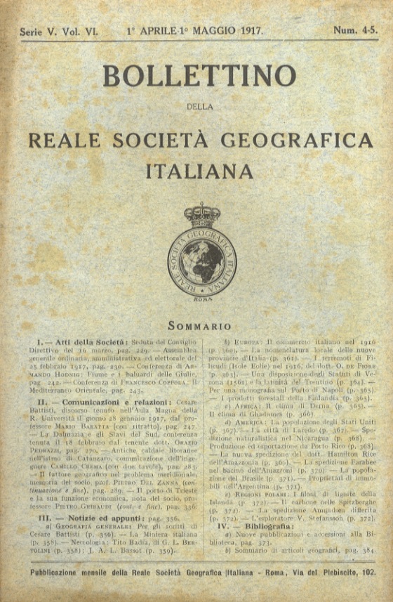 BOLLETTINO della Reale Società Geografica Italiana. Serie V. Vol. VI. …