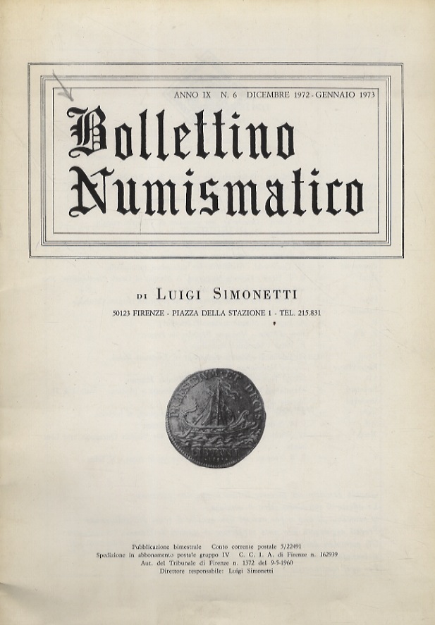 BOLLETTINO Numismatico di Luigi Simonetti. Anno IX. N. 6, dicembre …
