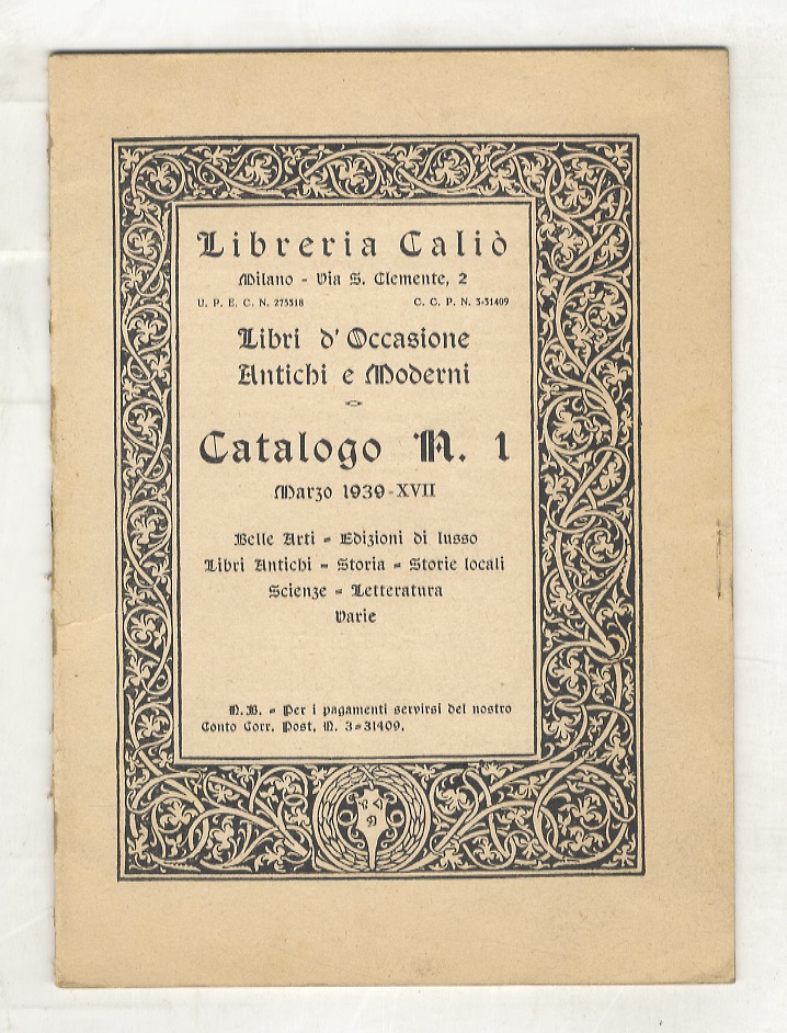 CALIÒ, Libreria. Libri d'occasione antichi e moderni. Catalogo n. 1. …