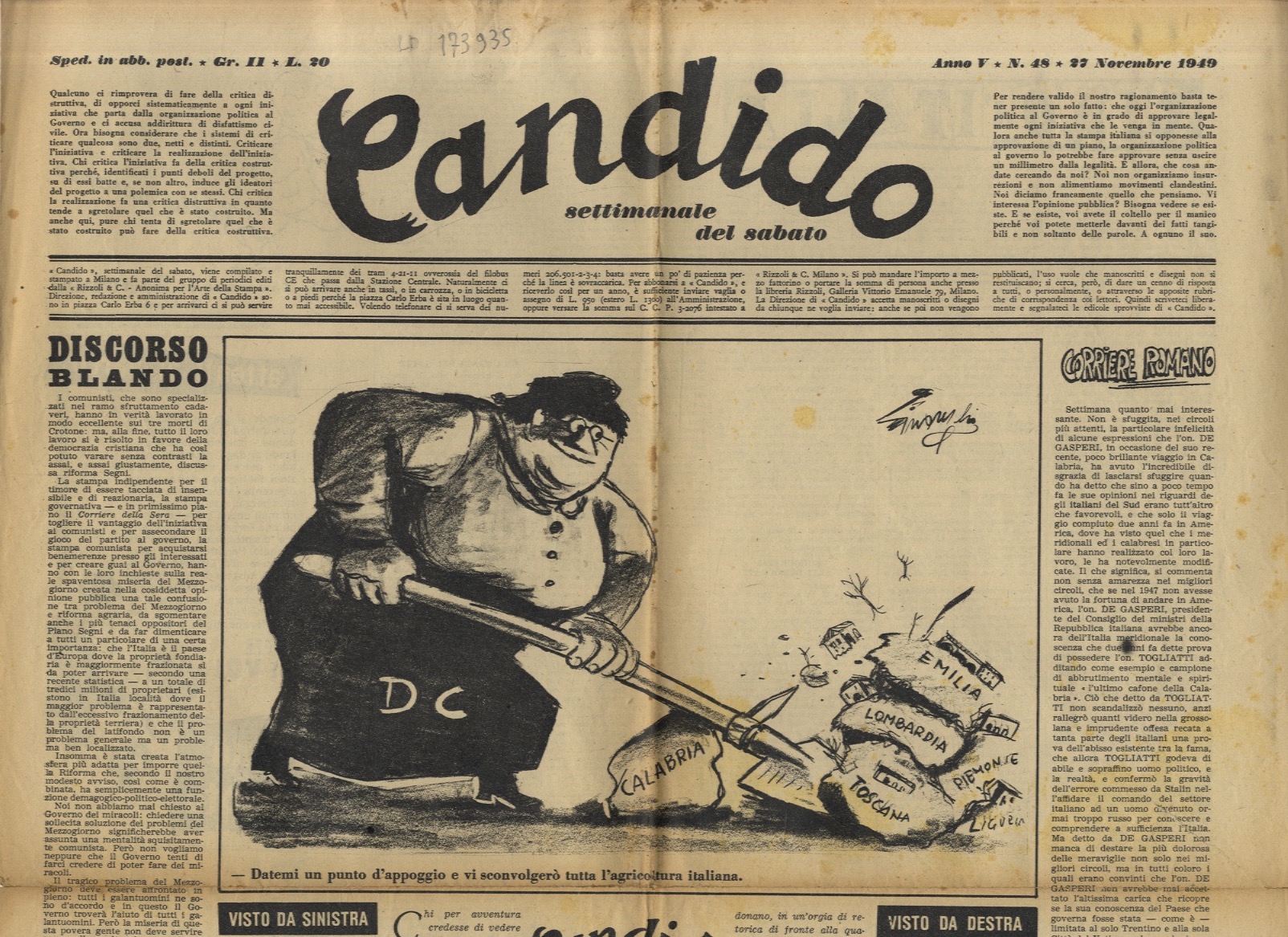 CANDIDO. Settimanale del sabato. Direttori: Giovanni Mosca e Giovannino Guareschi. …