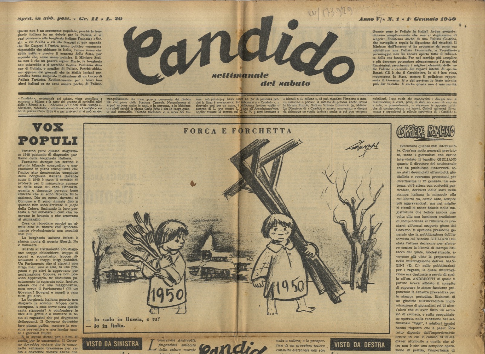 CANDIDO. Settimanale del sabato. Direttori: Giovanni Mosca e Giovannino Guareschi. …