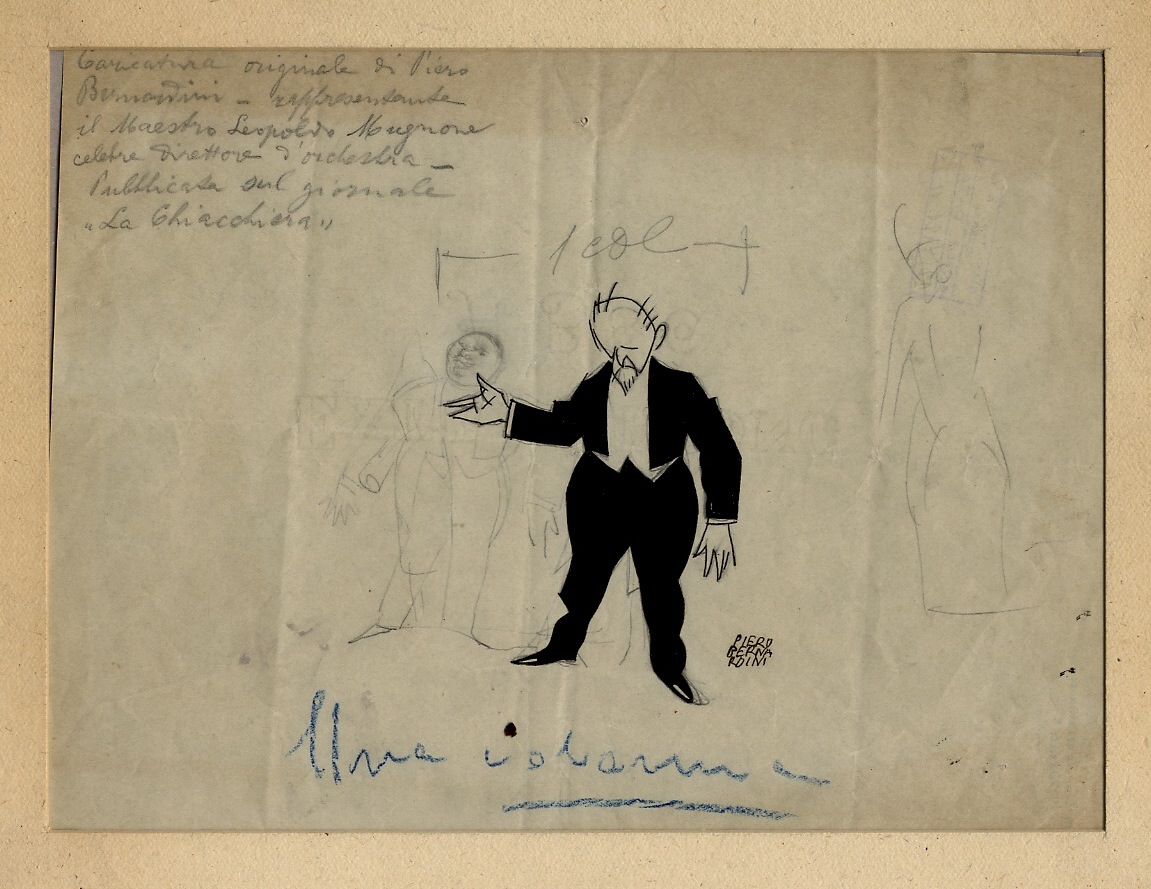 Caricatura originale raffigurante il maestro Leopoldo Mugnone [Napoli 1858-1941], celebre …