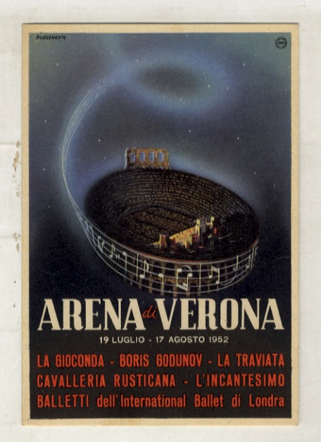 Cartolina d'epoca pubblicitaria Arena di Verona, stagione lirica 1952.