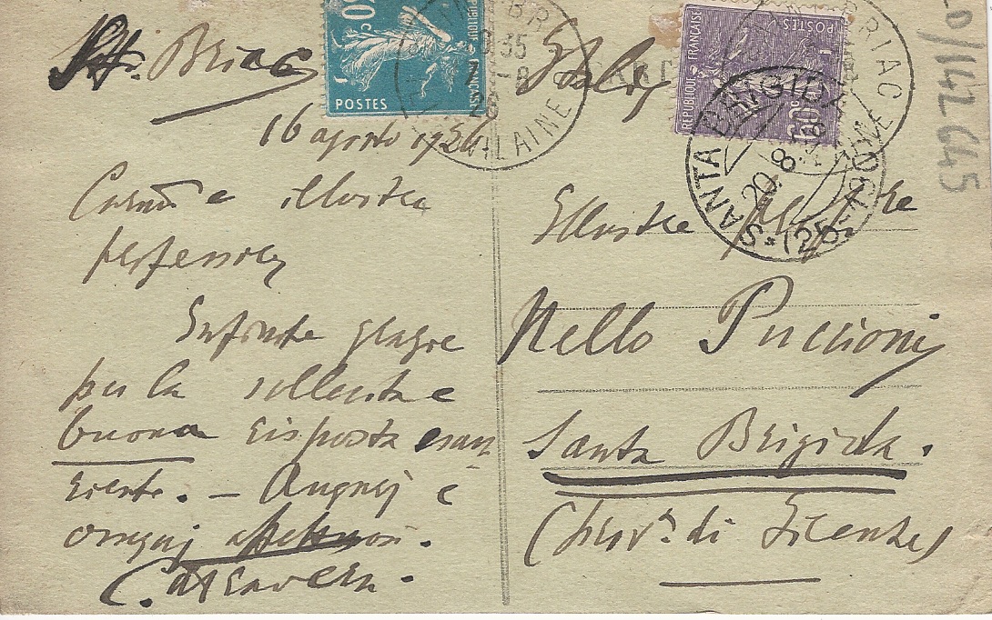 Cartolina manoscritta autografa, firmata. Datata St. Briac, 16 agosto 1926. …