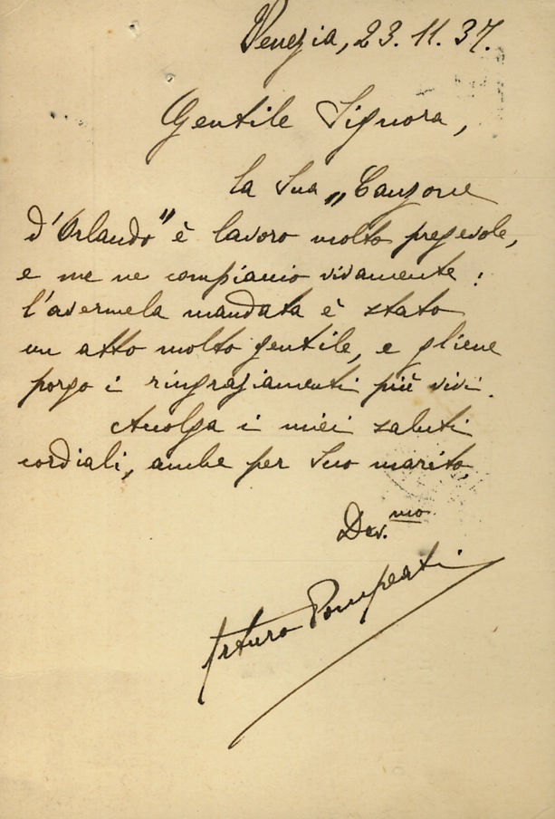 Cartolina postale manoscritta autografa, firmata, indirizzata a Elda [Bossi] Maranini, …