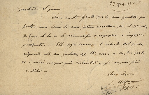 Cartolina postale manoscritta firmata, inviata al Sig. D. Silvio Paoletti …